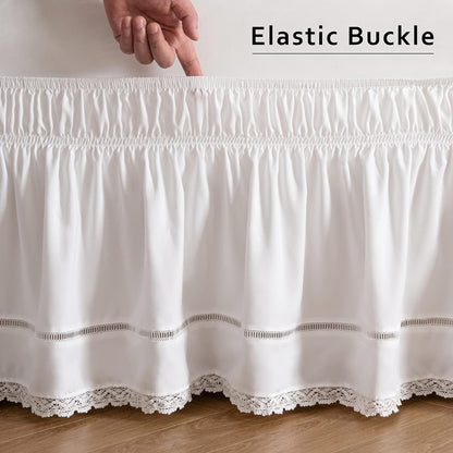 MIYE Wrap Around Ruffled Lace Bed Skirt, Elastic Dust Ruffle with Adjustable Belts, Easy to Put On, Bed Frame Cover, Machine Washable (Floral Lace/White, King/Queen-15 Drop)