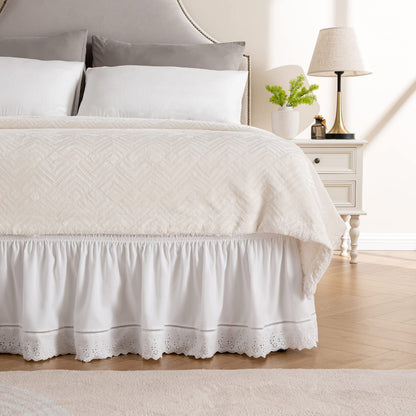 MIYE Wrap Around Ruffled Lace Bed Skirt, Elastic Dust Ruffle with Adjustable Belts, Easy to Put On, Bed Frame Cover, Machine Washable (Floral Lace/White, King/Queen-15 Drop)