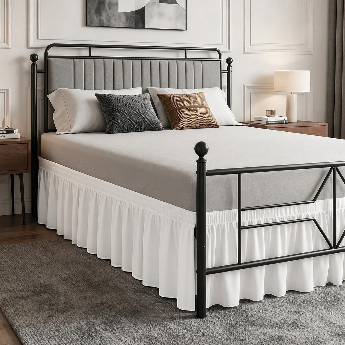 Queen Bed Skirt 14 inch Drop, Elastic Wrap Split Corner, Bright White