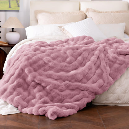 Ultra Soft Cozy Faux Fur Throw Blanket, Fuzzy Plush Thick Bubble Blanket, Luxury Fluffy Blanket for Couch, Sofa, Bedroom, and Living Room, 50x60 Inches, Cream White