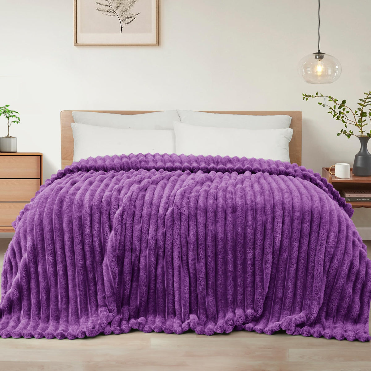 Exclusivo Mezcla Striped Fleece Throw Blanket for Couch, Sofa, Navy Blue