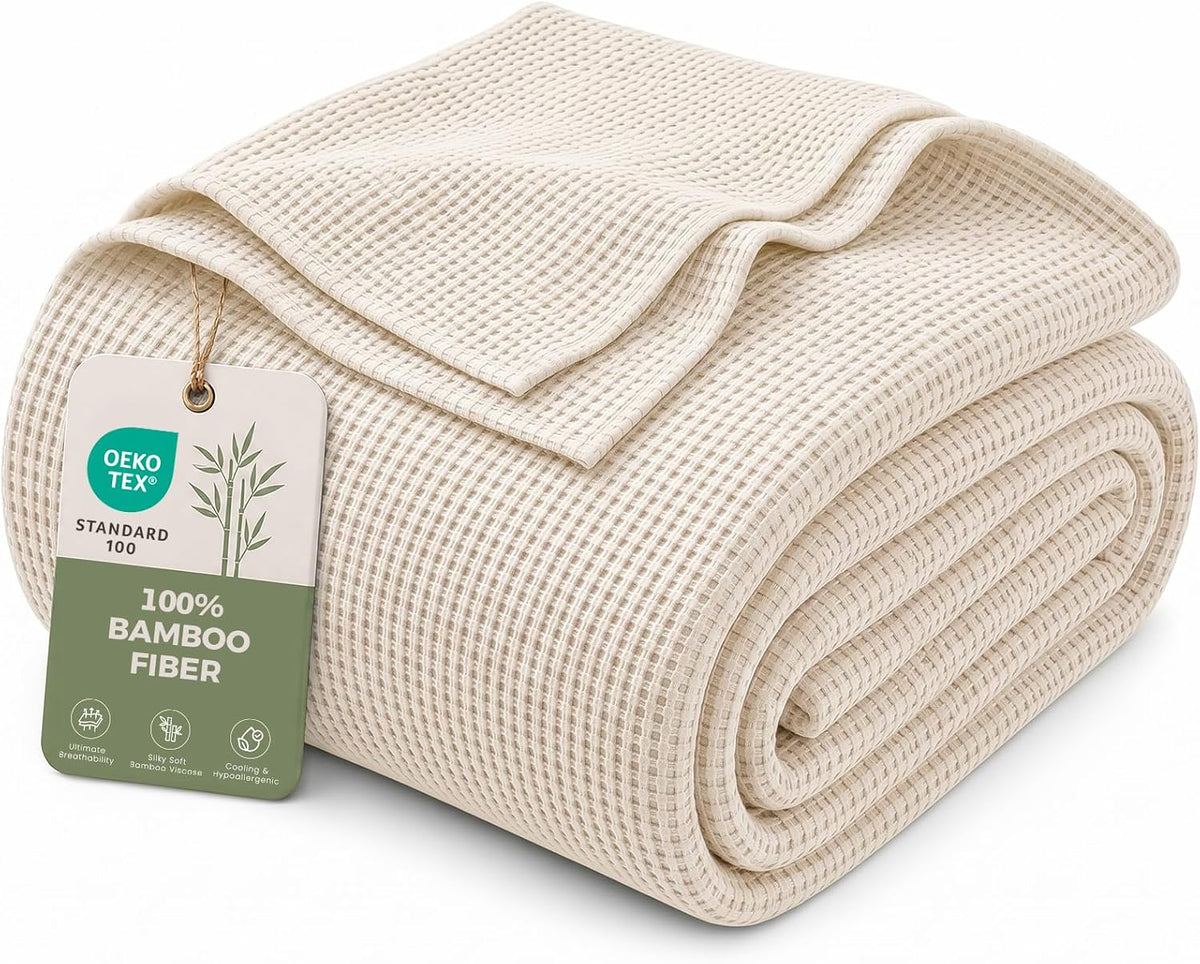 MURT 100% Bamboo Rayon Waffle Weave Twin Blanket for Bed, Cream, 60x80 Inch