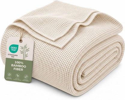 MURT 100% Bamboo Rayon Waffle Weave Twin Blanket for Bed, Cream, 60x80 Inch