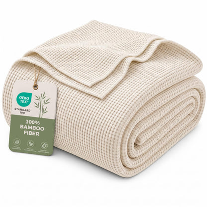 MURT 100% Bamboo Rayon Waffle Weave Twin Blanket for Bed, Cream, 60x80 Inch