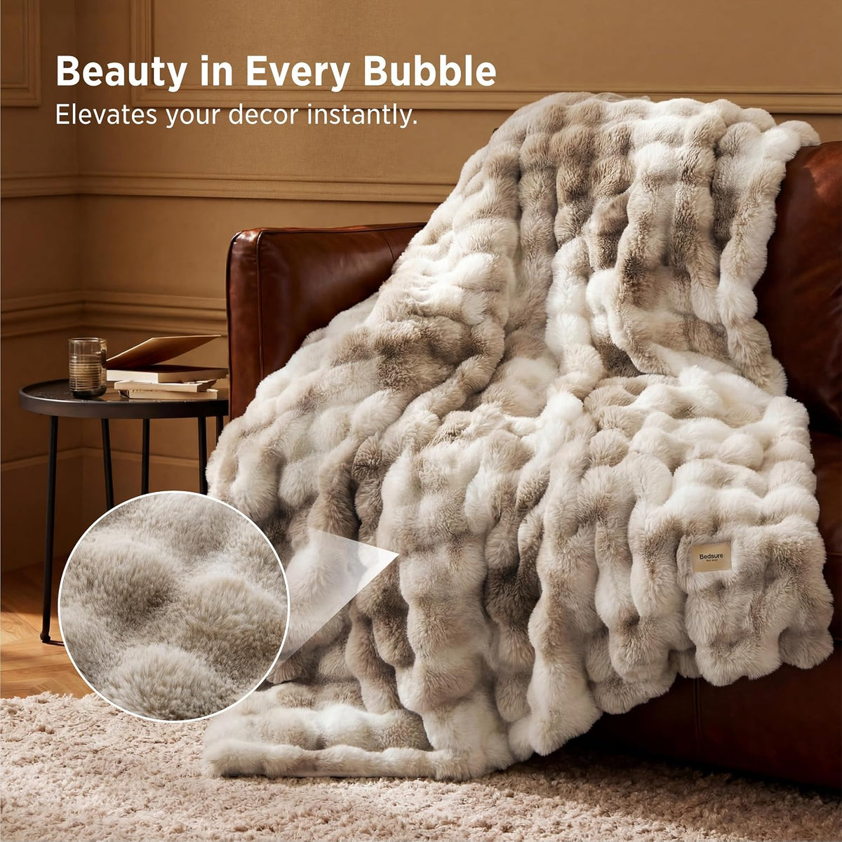Bedsure Fluffy Bubble Faux Fur Throw XL Blanket, 50"x70", Tie-dye Taupe