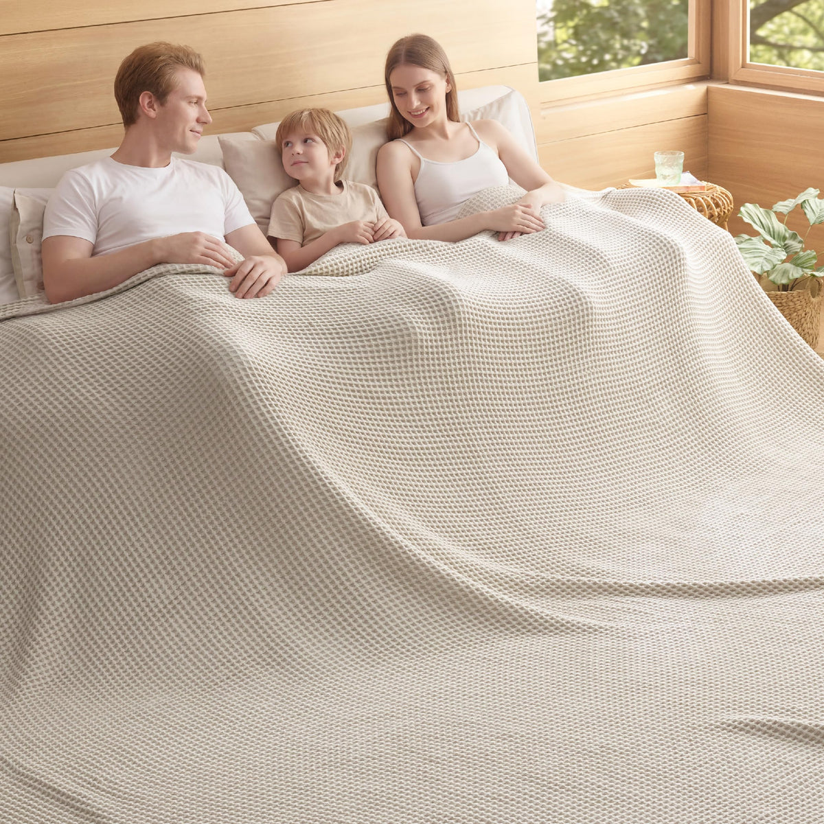Bedsure Lightweight 100% Cotton Waffle Blanket, Queen, Linen