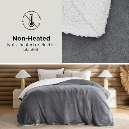 Bedsure GentleSoft Sherpa Fleece Queen Blankets for Bed, Non-Heated, Thick and Warm Throw for Women and Men, Soft Fuzzy Plush Comfort Queen Blanket for Winter, Grey, 90x90 Inches