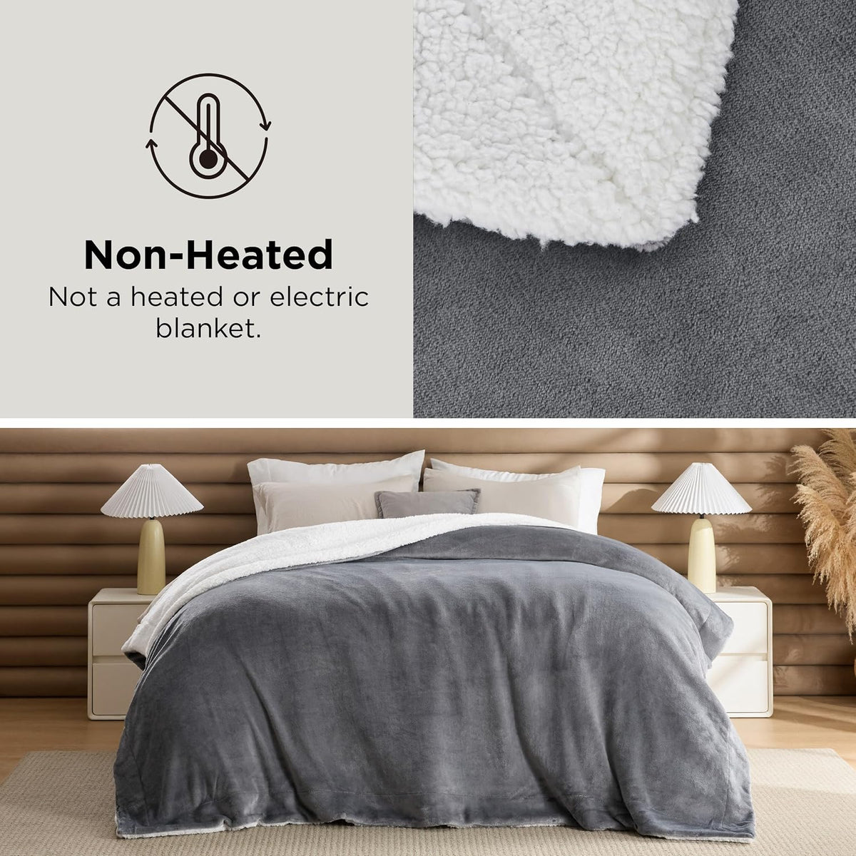 Bedsure GentleSoft Sherpa Fleece Queen Blankets for Bed, Non-Heated, Thick and Warm Throw for Women and Men, Soft Fuzzy Plush Comfort Queen Blanket for Winter, Grey, 90x90 Inches