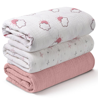 Muslin Swaddle Blankets for Newborn, 3 Pack Breathable Soft Receiving Blanket, Large 38 x 40 inches Swaddle Wrap Burping Clothes, Essentials Infant Shower Items, Toddler Gift (Bright Colors)