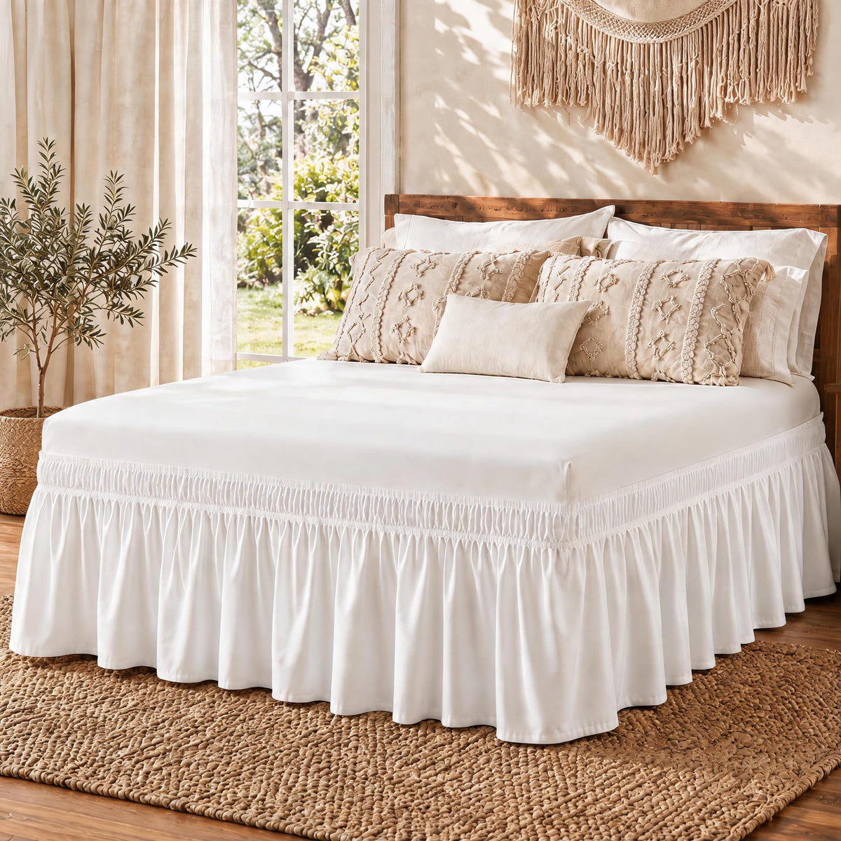 White Twin XL College Dorm Bed Skirt 32" Drop, Elastic Wrap Dust Ruffle