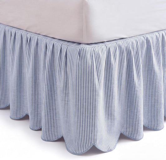 Striped Bed Skirt, Queen Size 16" Drop, Scallop Dust Ruffle, Blue