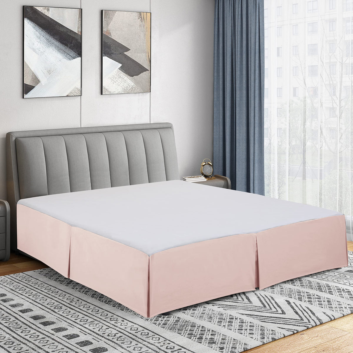 Cathay Home Queen Bed Skirt, 14" Drop Dust Ruffle, Blue Fog