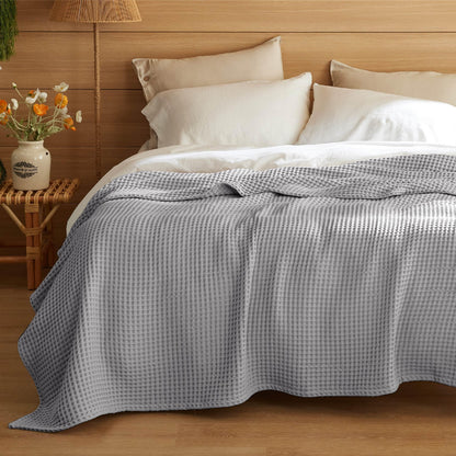 Bedsure Lightweight 100% Cotton Waffle Blanket, Queen, Linen