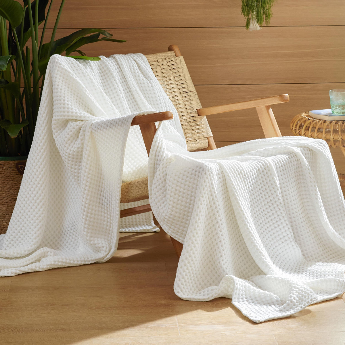 Bedsure Lightweight 100% Cotton Waffle Blanket, Queen, Linen