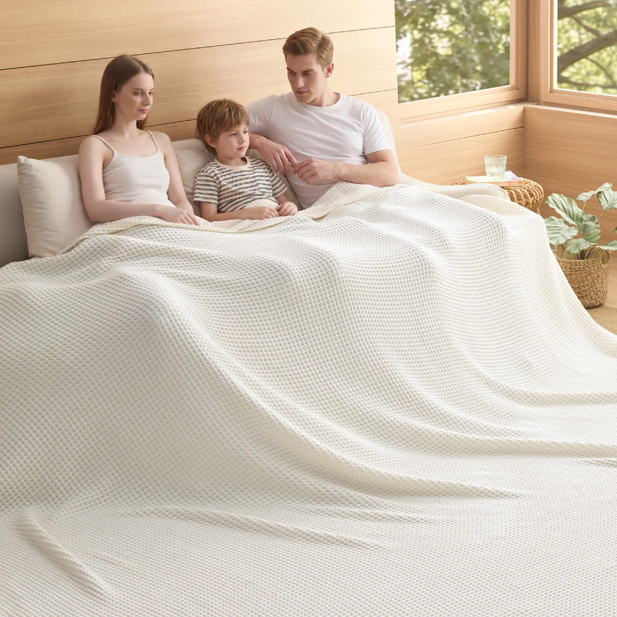 Bedsure Lightweight 100% Cotton Waffle Blanket, Queen, Linen