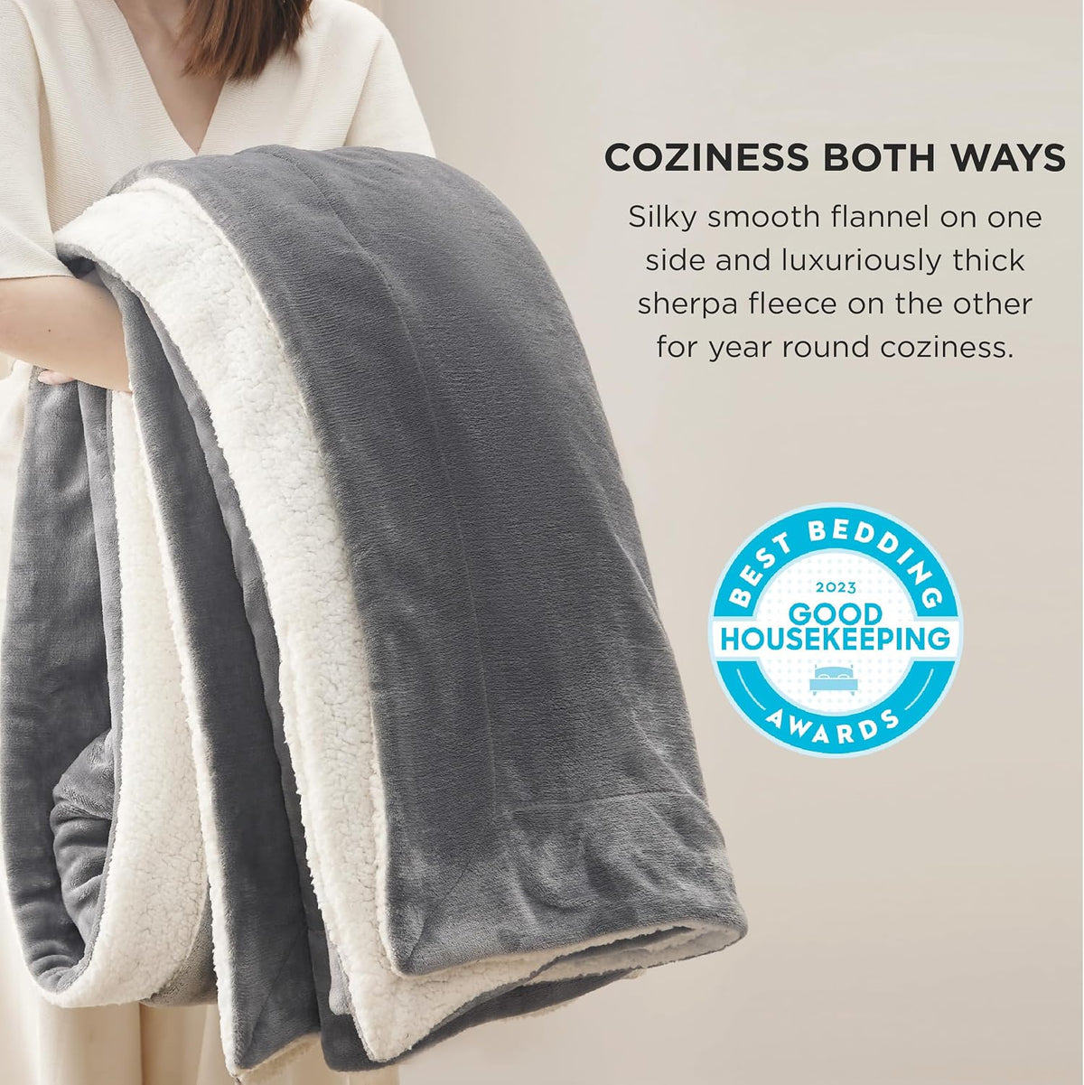 Bedsure GentleSoft Sherpa Fleece Queen Blankets for Bed, Non-Heated, Thick and Warm Throw for Women and Men, Soft Fuzzy Plush Comfort Queen Blanket for Winter, Grey, 90x90 Inches