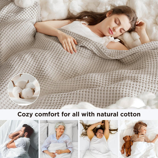 Bedsure Lightweight 100% Cotton Waffle Blanket, Queen, Linen