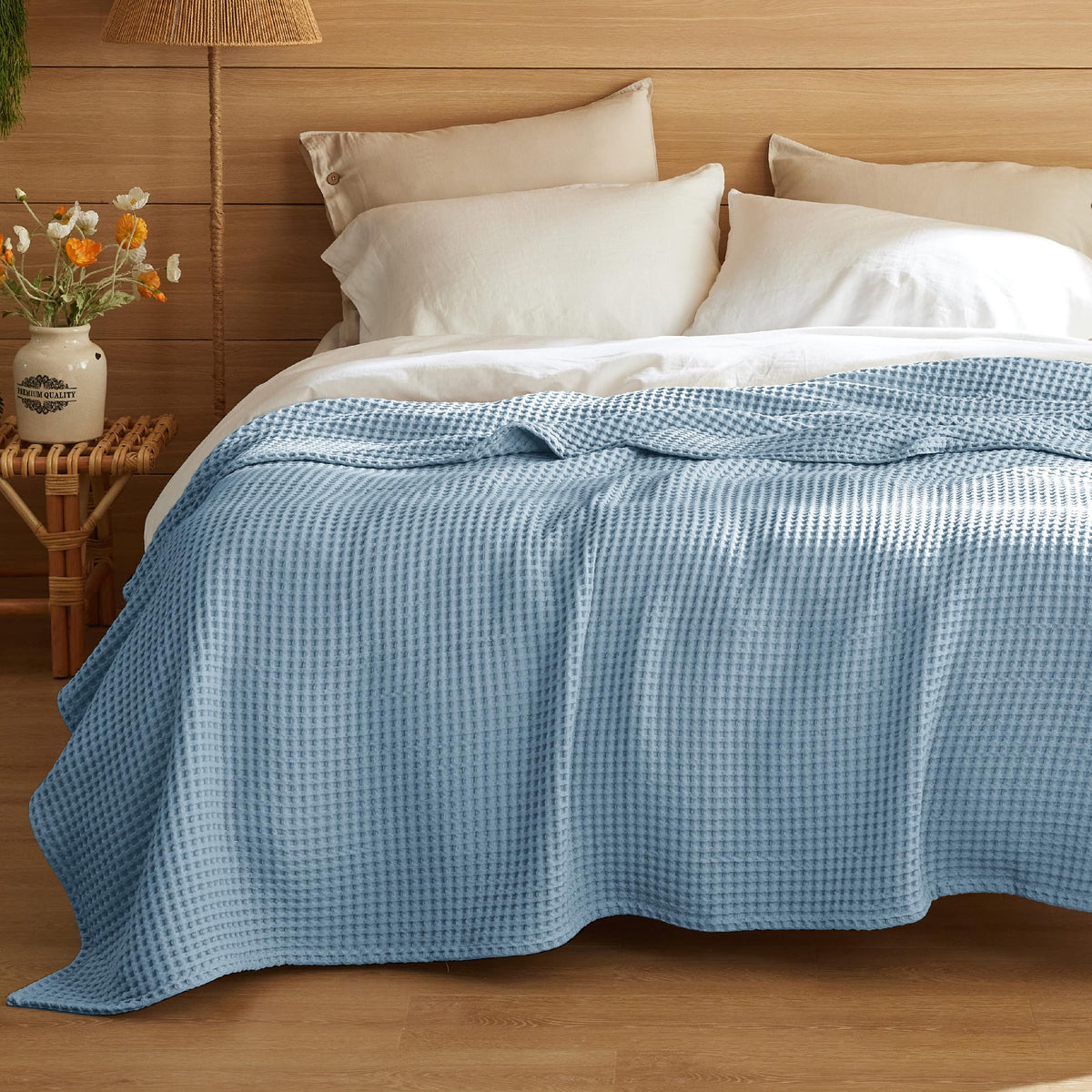 Bedsure Lightweight 100% Cotton Waffle Blanket, Queen, Linen