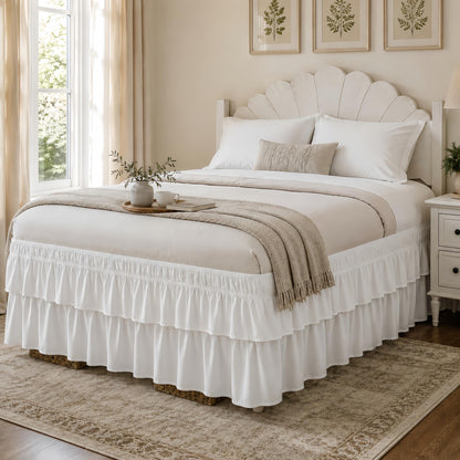 RIMELA Queen Size Ruffle Bed Skirt 16 Inch Drop - White Double Layered Wrap Around Dust Ruffle, Romantic Cute Design Bedskirt with High-Density Fabric, Soft Stretchy, Easy Install for Queen Bed