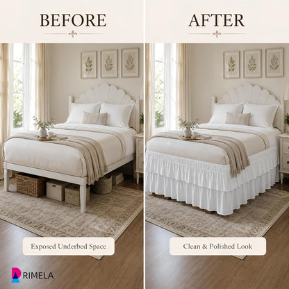 RIMELA Queen Size Ruffle Bed Skirt 16 Inch Drop - White Double Layered Wrap Around Dust Ruffle, Romantic Cute Design Bedskirt with High-Density Fabric, Soft Stretchy, Easy Install for Queen Bed