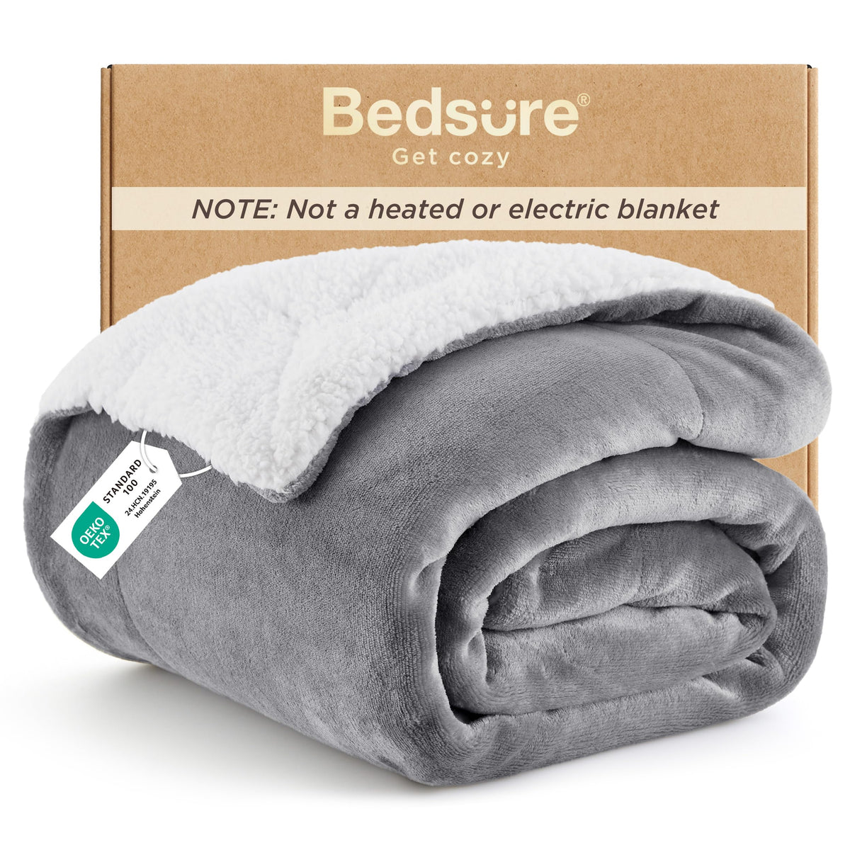 Bedsure GentleSoft Sherpa Fleece Queen Blankets for Bed, Non-Heated, Thick and Warm Throw for Women and Men, Soft Fuzzy Plush Comfort Queen Blanket for Winter, Grey, 90x90 Inches