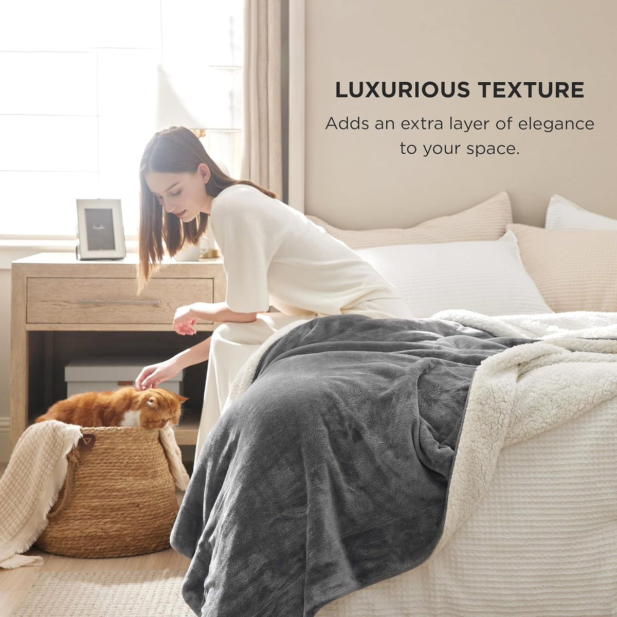 Bedsure GentleSoft Sherpa Fleece Queen Blankets for Bed, Non-Heated, Thick and Warm Throw for Women and Men, Soft Fuzzy Plush Comfort Queen Blanket for Winter, Grey, 90x90 Inches