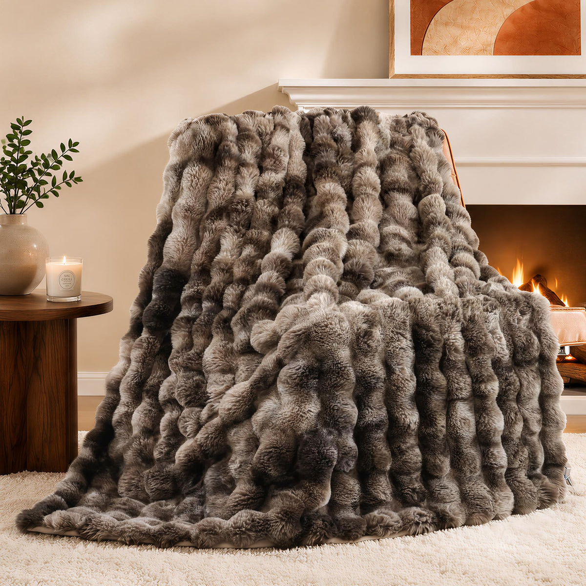 Smoofy Faux Rabbit Fur Throw for Couch - Rainbow Bubble Blanket 50"x60"