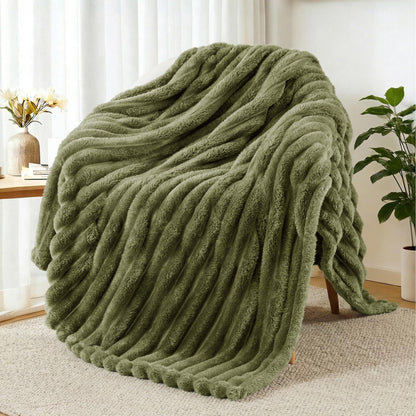 Exclusivo Mezcla Striped Fleece Throw Blanket for Couch, Sofa, Navy Blue
