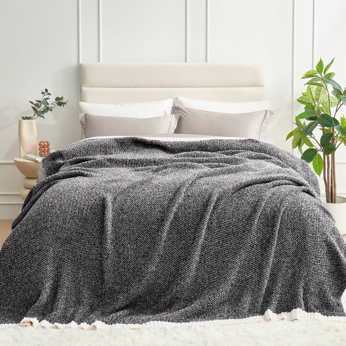 Snuggle Sac Buttery Ivory Throw Blanket for Couch, Reversible Super Soft Knitted Blankets, Warm Cozy Knit Fuzzy Plush Lightweight Throws Dupes for Sofa, Bed, Picnic, Ivory, 50 x 60 inches