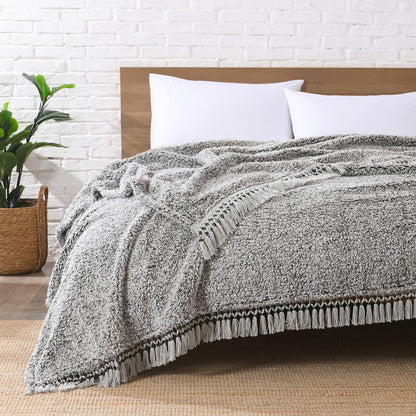Ultra Soft Fleece Sherpa Blanket King Size,Lightweight Cozy Boho Bed Blanket with Decorative Tassel, Pattern Reversible, 2 Tones Ombre Light Brown,104”x90”
