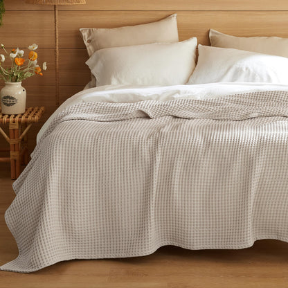 Bedsure Lightweight 100% Cotton Waffle Blanket, Queen, Linen
