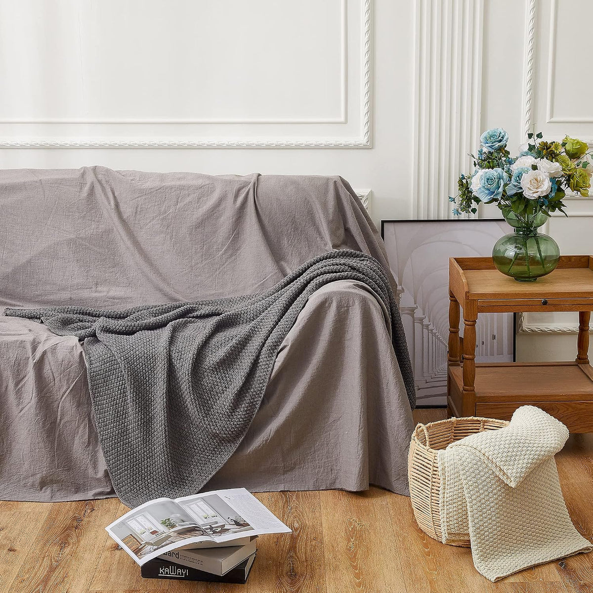 Longhui bedding 100% Cotton Knitted Throw Blanket – Dark Grey, Soft & Cozy, Machine Washable, 51"x63" – Perfect for Living Room, Couch, Sofa, Bed or Travel