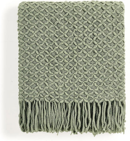 CREVENT Farmhouse Boho Knitted Throw Blanket for Couch Sofa Chair Bed Home Decoration, Soft Warm Cozy Light Weight for Spring Summer Fall (50''X60'' Sage Green)