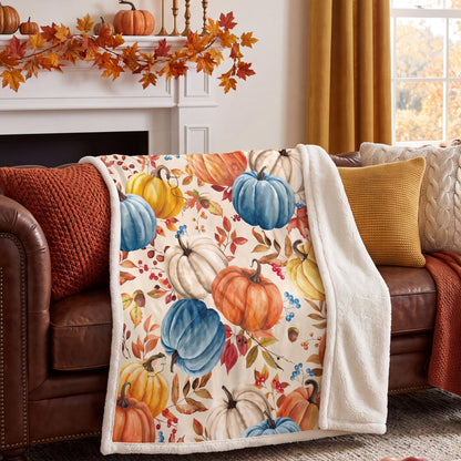 Fall Pumpkins Throw Blanket, Autumn Orange White Blue Pumpkins Leaves and Berries Soft Warm Fleece Blanket for Living Room Couch Bed Chair or Dorm, 50"x60"