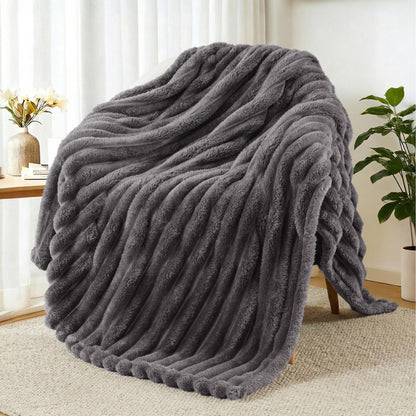 Exclusivo Mezcla Striped Fleece Throw Blanket for Couch, Sofa, Navy Blue