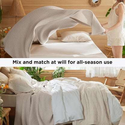 Bedsure Lightweight 100% Cotton Waffle Blanket, Queen, Linen