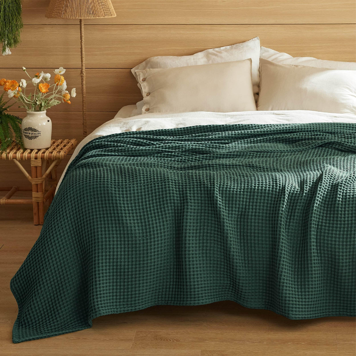 Bedsure Lightweight 100% Cotton Waffle Blanket, Queen, Linen