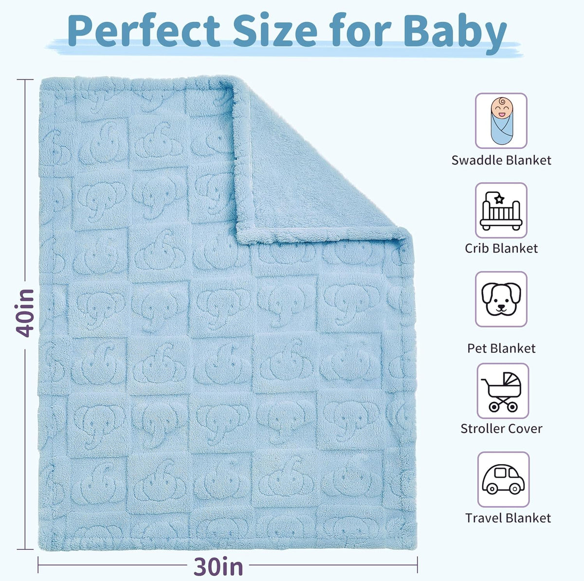 Pro Goleem Elephant Baby Boy Blanket, Soft Fleece Baby Blankets for Boys, 30" x 40" Blue Crib & Stroller Blanket for Newborns and Toddlers