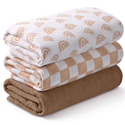 Muslin Swaddle Blankets for Newborn, 3 Pack Breathable Soft Receiving Blanket, Large 38 x 40 inches Swaddle Wrap Burping Clothes, Essentials Infant Shower Items, Toddler Gift (Bright Colors)