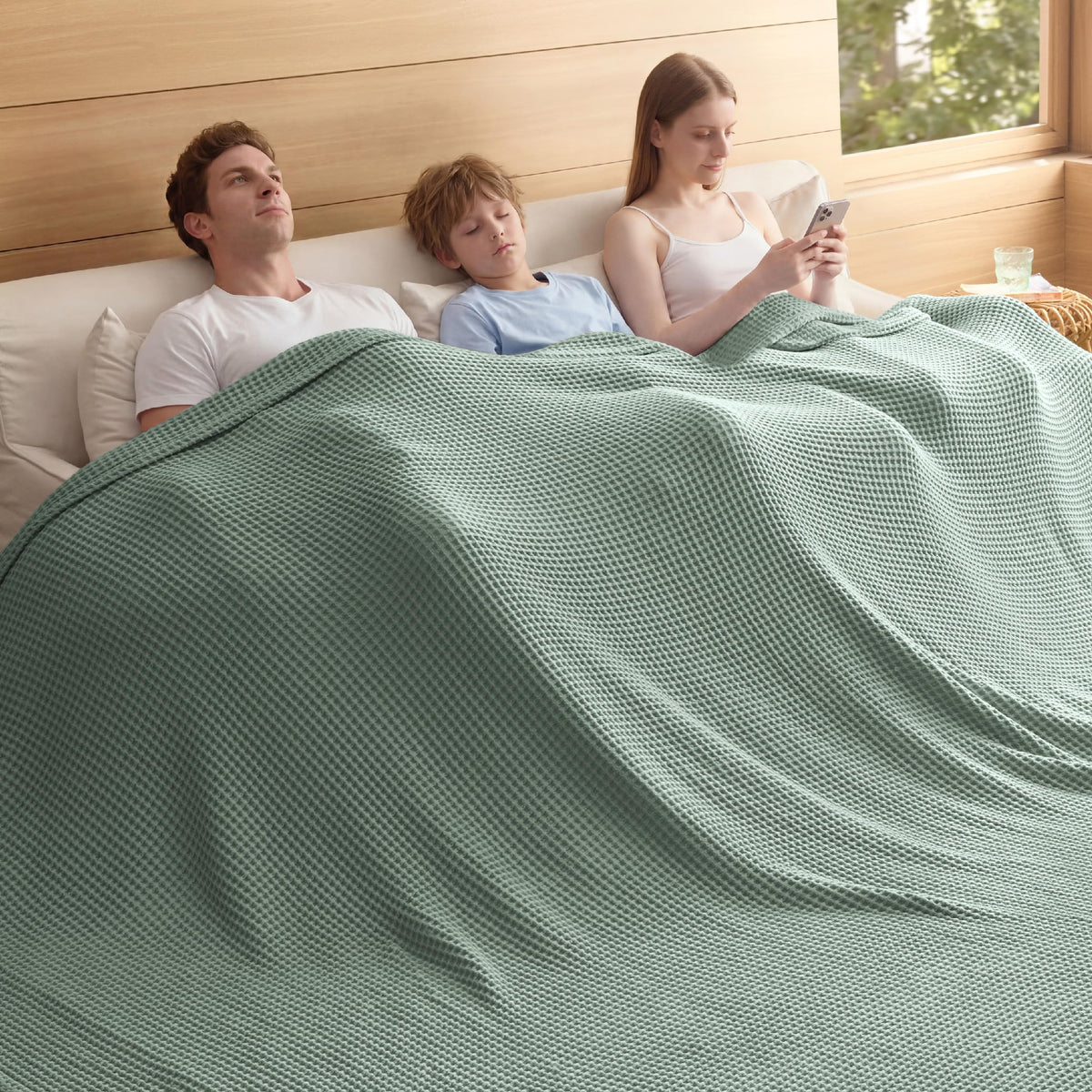 Bedsure Lightweight 100% Cotton Waffle Blanket, Queen, Linen