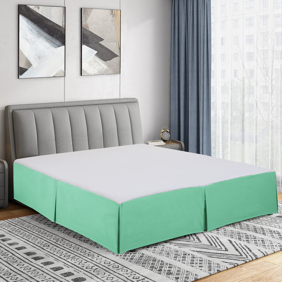 Cathay Home Queen Bed Skirt, 14" Drop Dust Ruffle, Blue Fog