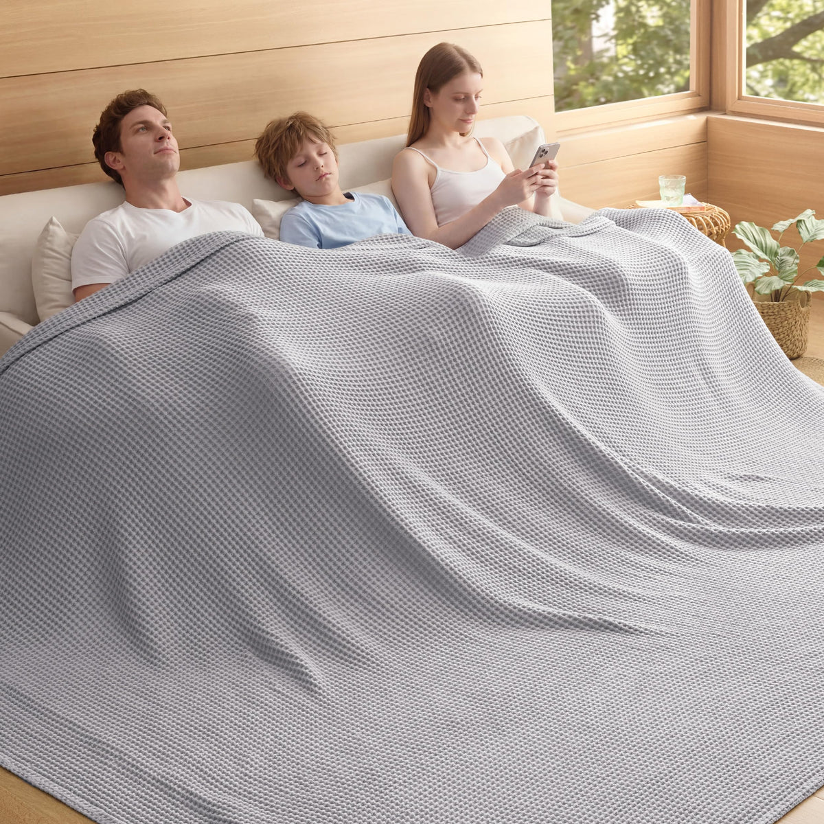 Bedsure Lightweight 100% Cotton Waffle Blanket, Queen, Linen