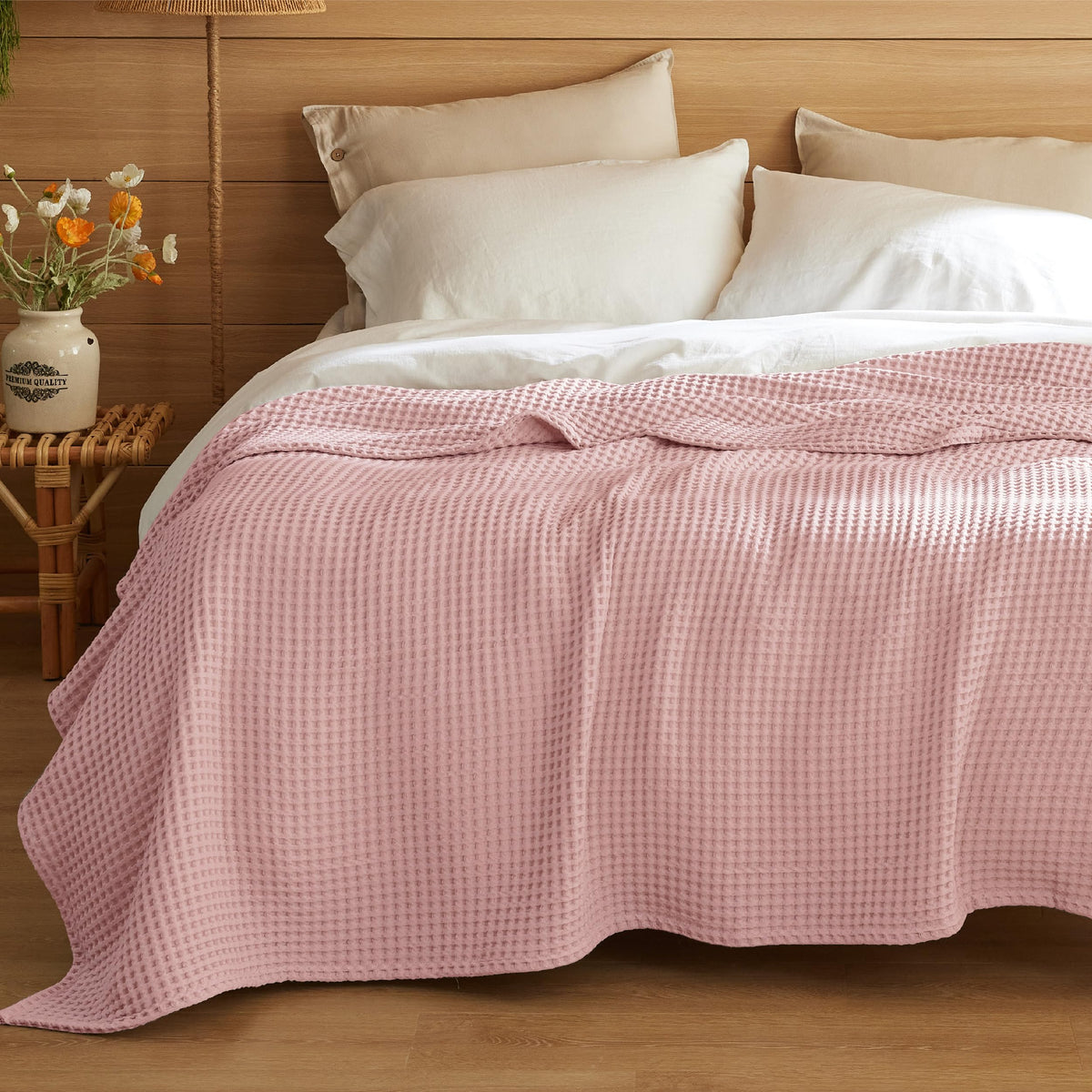 Bedsure Lightweight 100% Cotton Waffle Blanket, Queen, Linen