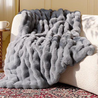 Ultra Soft Cozy Faux Fur Throw Blanket, Fuzzy Plush Thick Bubble Blanket, Luxury Fluffy Blanket for Couch, Sofa, Bedroom, and Living Room, 50x60 Inches, Cream White