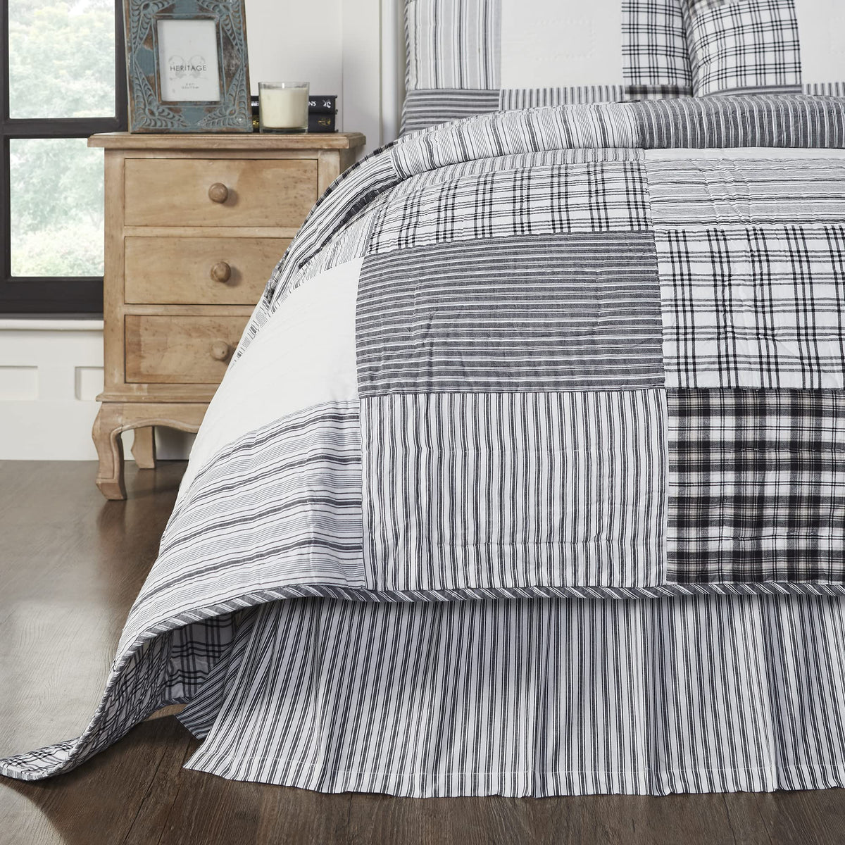 VHC Brands Sawyer Mill Ticking Striped Cotton Farmhouse Split Corners Gathered King Bed Skirt, 78x80x16, Charcoal Dark Creme White