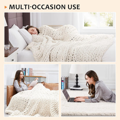L'AGRATY Chunky Knit Throw Blanket for Couch, 50'' x 60'' Knit Throw, Ivory