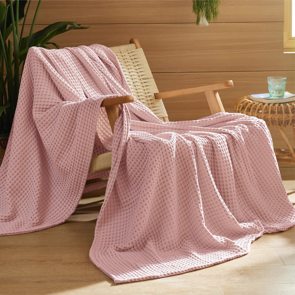 Bedsure Lightweight 100% Cotton Waffle Blanket, Queen, Linen