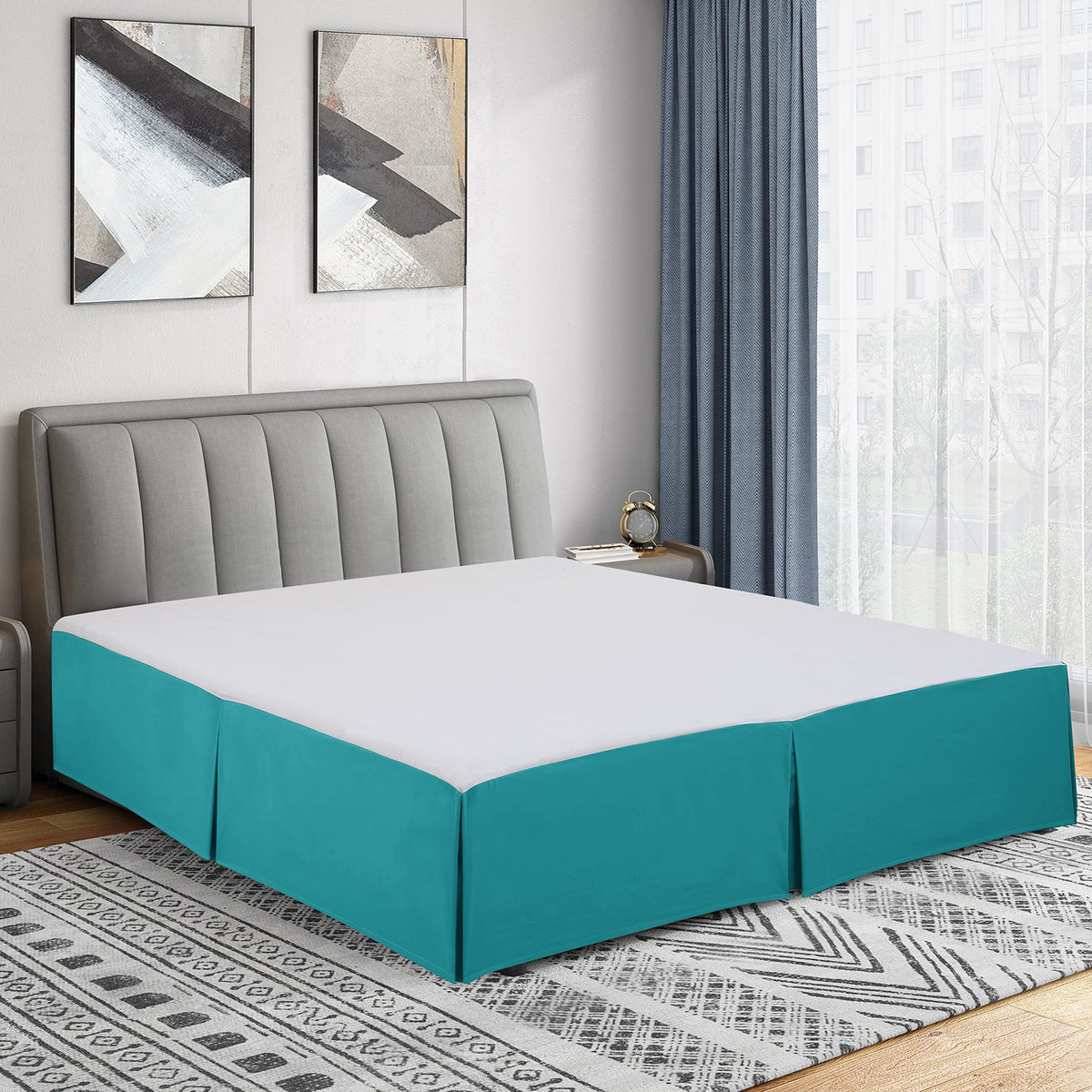 Cathay Home Queen Bed Skirt, 14" Drop Dust Ruffle, Blue Fog