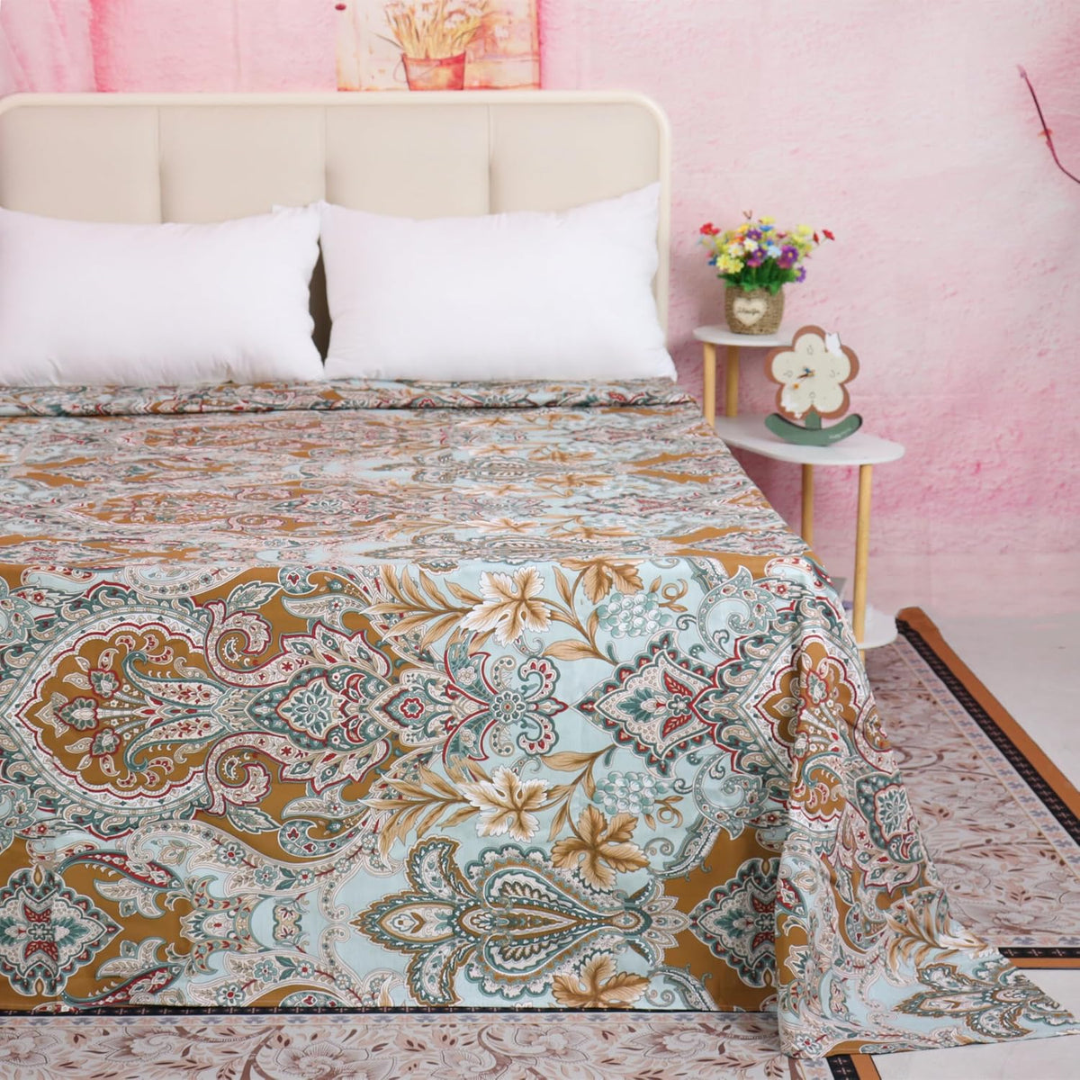 Soft Cotton Bedding Sheets for Home Brown Pattern Printed Queen Flat Sheets Only Luxury Breathable Top Sheet Machine Wash