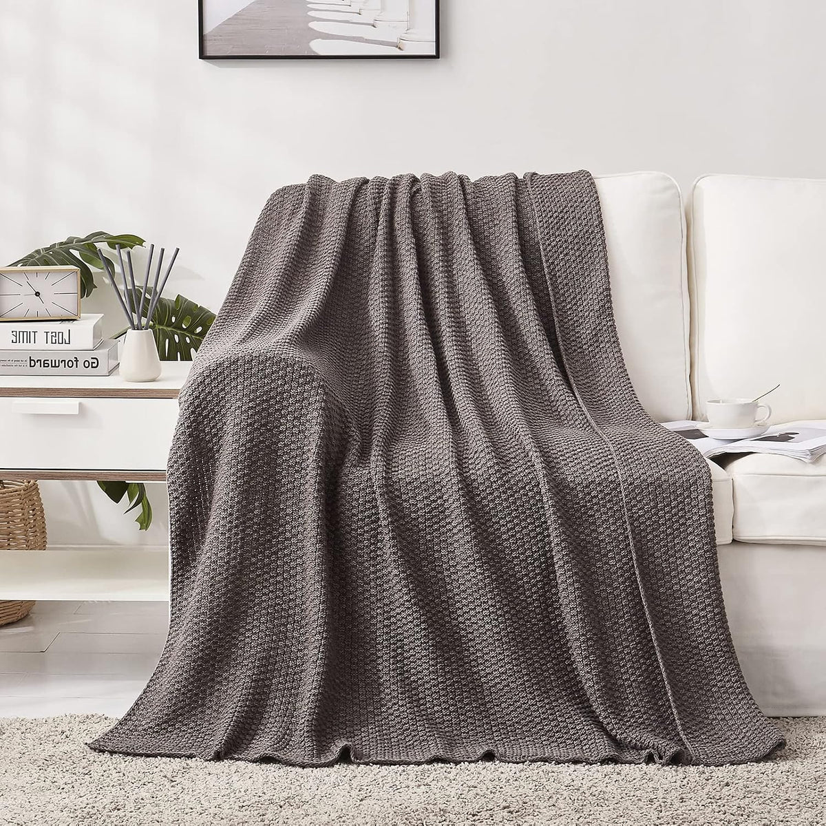 Longhui bedding 100% Cotton Knitted Throw Blanket – Dark Grey, Soft & Cozy, Machine Washable, 51"x63" – Perfect for Living Room, Couch, Sofa, Bed or Travel